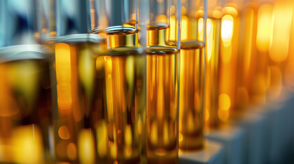 A row of test tubes filled with yellow liquid
