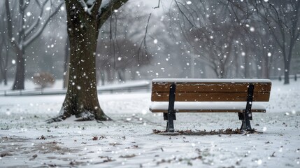 A snow-covered bench in a quiet park with bare trees and falling snowflakes.