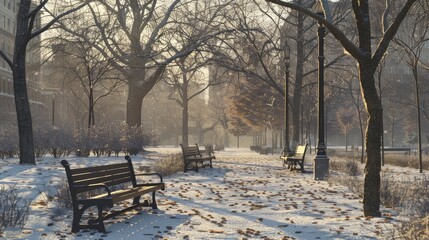 Naklejka premium A snow-covered city park with benches, bare trees, and a light dusting of snow.