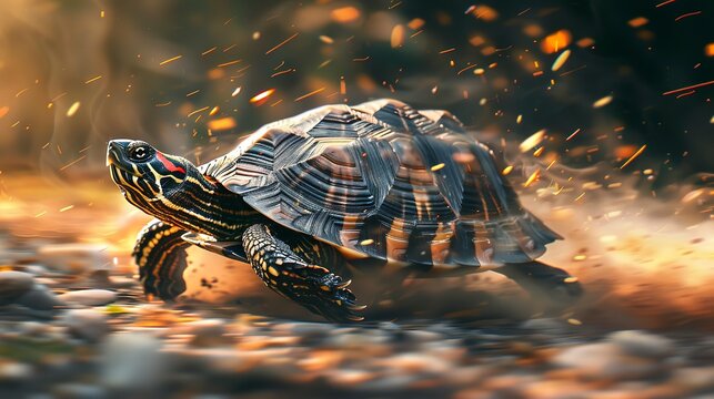 A dynamic and action-packed digital artwork capturing a turtle in mid-sprint with a highly detailed shell pattern, set against a blurred background of swirling dust and motion
