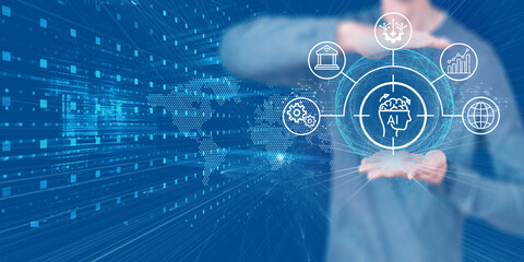 Businesswomen showcase AI technology icons, showcasing the progress of AI technology in the future world.