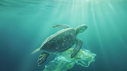 Fototapeta premium World turtle day and Ocean environmental day. Turtle with plastic in the water .Save sea plastic pollution.Climate change, Environmental CSR. copy space 