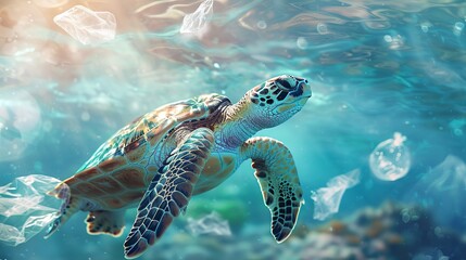 Obraz premium Environmental issue of plastic pollution problem. Sea Turtles can eat plastic bags mistaking them for jellyfish Sea turtle trapped in a plastic bag, Stop ocean plastic pollution concept 
