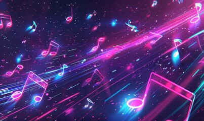 Obraz premium Glowing neon, grunge music sheets notes on beautiful lights bokeh background. Sound concept background
