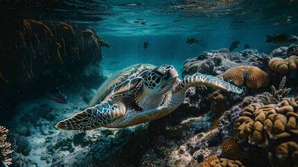 Fototapeta premium Realistic photo of a turtle in the sea with a beautiful coral reef background.