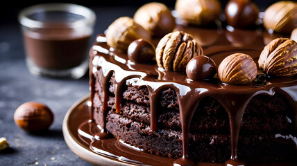 chocolate cake with cream nuts and chocolate spread 