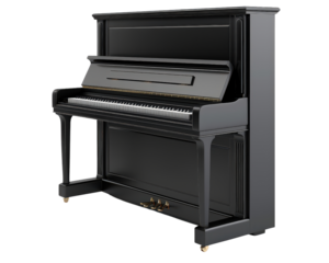 A black grand piano with a black stand. The piano is in a white background