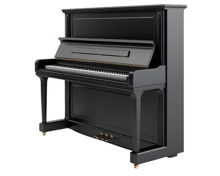 A black grand piano with a black stand. The piano is in a white background
