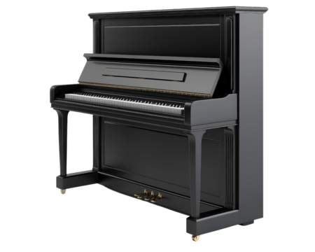 A black grand piano with a black stand. The piano is in a white background - Powered by Adobe