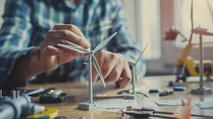 A man is working on a model wind turbine