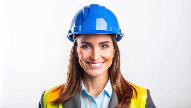 Portrait of Female engineer happy with workplace, isolated on white background.