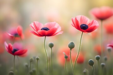 Fototapeta premium Poppy anemone flower bokeh background, AI Generated