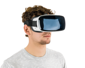 A man wearing a virtual reality headset. The man is wearing a white shirt and has a beard