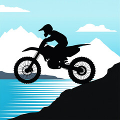 man at motor cross in silhouette black in isolated white space, mountain on blue lake