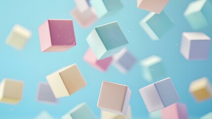 cubes of different sizes, pastel colors, flying in the air, on light blue background