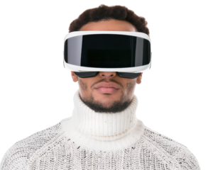 A man wearing a white sweater and glasses is wearing a virtual reality headset. Concept of excitement and anticipation as the man prepares to enter a new world through the VR headset