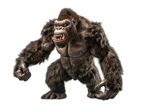 A large gorilla with a mouth full of teeth. The gorilla is standing on a white background. Scene is dark and menacing
