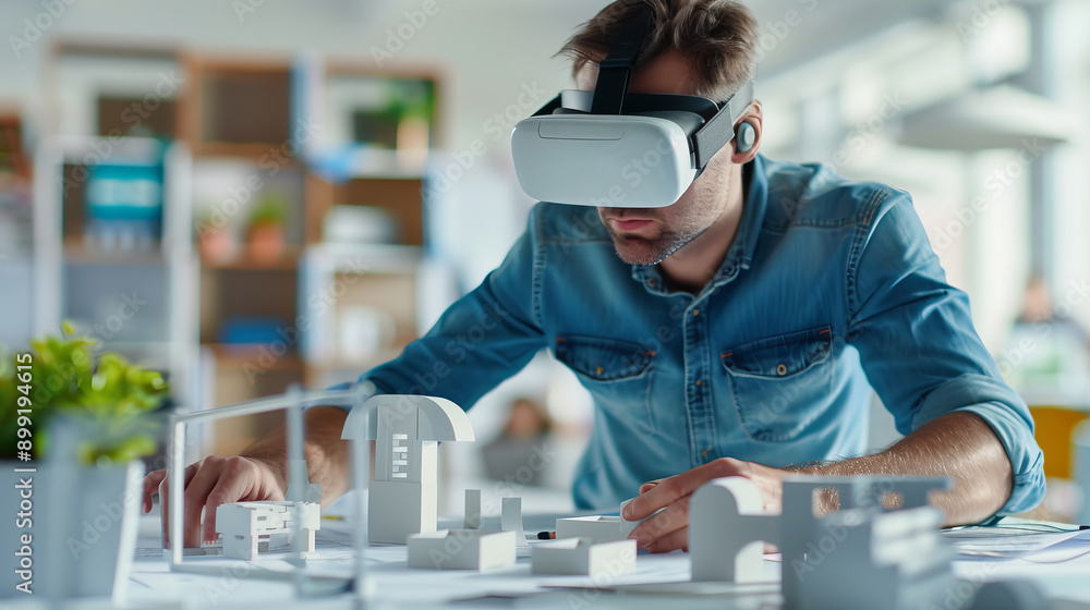 Aufkleber man using vr headset while interacting with virtual architectural model in modern office environment