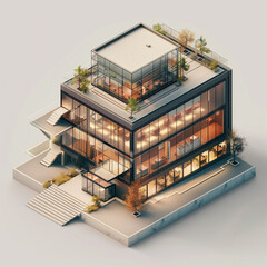 An isometric 3D rendering of an architectural plan for a commercial building, featuring spacious interiors and glass facades.