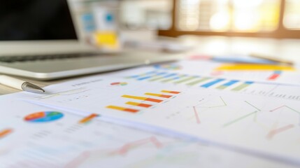 A close focus on business financial charts and colorful pie graphs laid out on a desk, indicating data analysis or strategic planning.