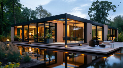 Modern glass house surrounded by nature with wooden deck and outdoor seating, reflecting on a serene pond at dusk.
