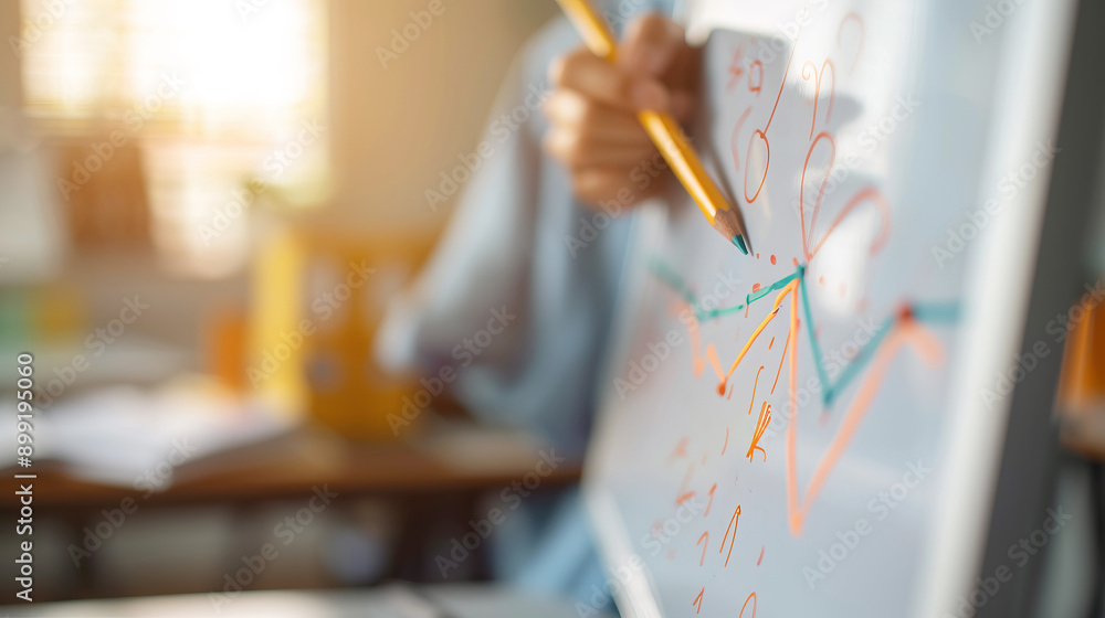 Poster person analyzing financial data on a whiteboard with charts and graphs, using a pencil and calculato