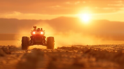 Fototapeta premium Off-road vehicle speeding through a dusty desert at sunset, creating a dramatic and adventurous scene with warm golden tones.