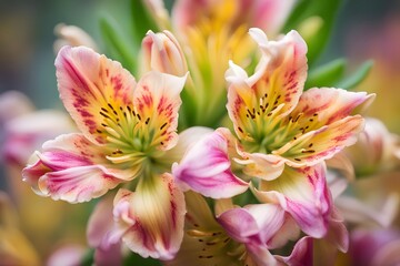 Fototapeta premium Peruvian lily flower bokeh background, AI generated