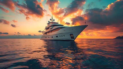 Fototapeta premium Luxurious Yacht Cruising in a Serene Harbor at Sunset with Cinematic View