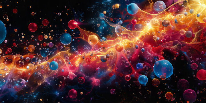 A free radical explores a vast universe of potential connections. Artistical representation of a chemical reaction.generative ai