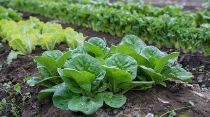 Naklejka premium A vegetable plot with thriving spinach and lettuce plants, growing in abundance.