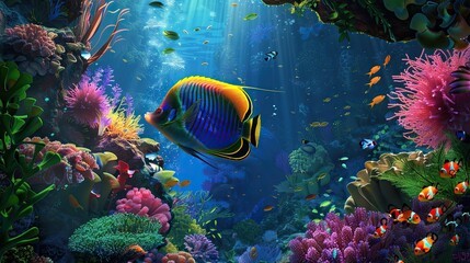 Fototapeta premium A vibrant angelfish navigating through a lush underwater garden.