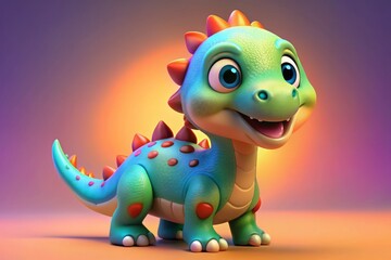 Fototapeta premium Adorable cartoon dinosaur 3d illustration with vibrant colors and playful expression, perfect for kids' merchandise, clothing, stationery, and books featuring a cute toy dinosaur character.