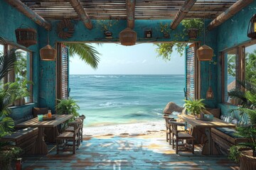 A beachfront restaurant and bar with the ocean view