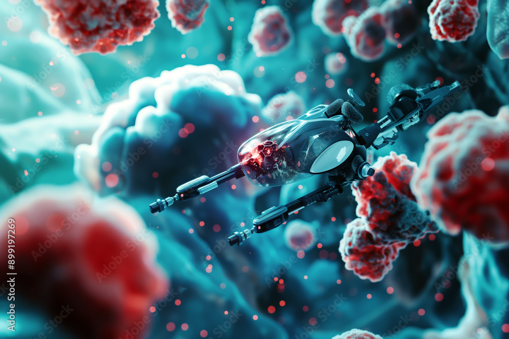 Poster a close-up view of a single nanorobot navigating through human tissue, showcasing its intricate desi