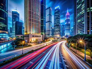 Dynamic cityscape at night with streaks of light from moving cars speeding down a bustling street, illuminated buildings and neon signs in the background.