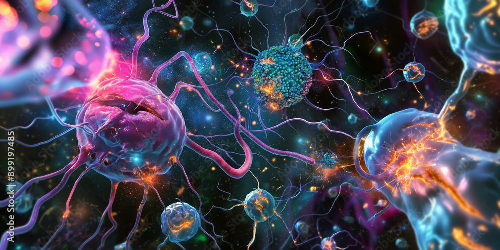 Poster a detailed and colorful illustration of nanorobots enhancing human abilities, depicting tiny robots 