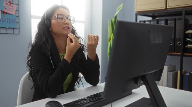 Asian woman talking through video call with headphones in an office setting, displaying frustration, using a computer with bookshelves and office supplies in the background.