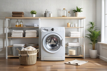 Modern laundry room interior with a sleek washing machine in operation, soap suds visible through the transparent lid, surrounded by clean folded clothes and towels.