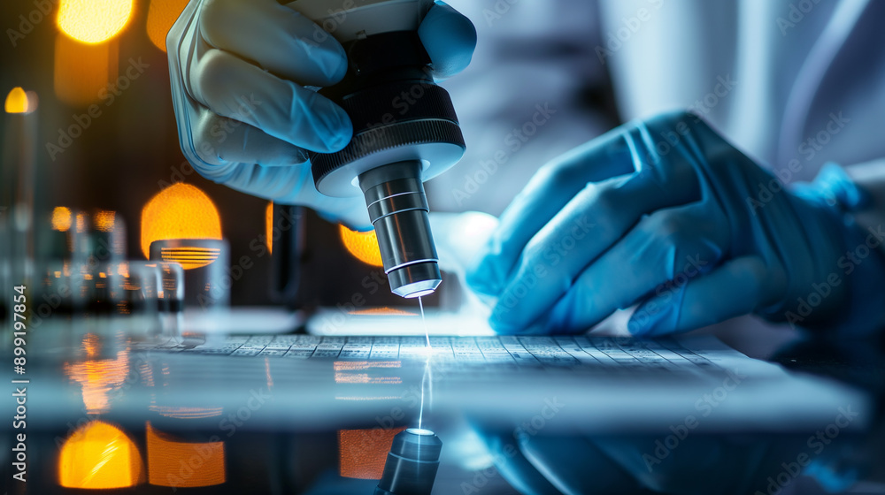 Aufkleber scientist analyzing samples under microscope in laboratory with soft lighting at night