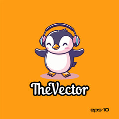 Cute penguin wearing headphone logo, vector, mascot, character, cartoon, illustration