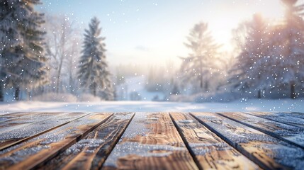 Fototapeta premium Winter Wonderland: Snowy Forest Background with Wooden Table