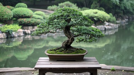 Naklejka premium Bonsai tree placed on a wooden bench in a tranquil Japanese garden.