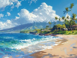 Naklejka premium Panorama of a Hawaiian beach, gentle waves, white sand, palm trees, beachfront houses, Generative AI, vibrant and peaceful, clear blue sky, tropical ambiance