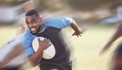 Rugby, black man and running on field for sports, performance and competition with ball. Motion or action, athlete and playing game outdoor for fitness, exercise and training for speed and cardio