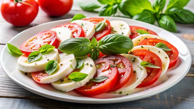 Fresh Caprese salad arranged on a crisp white ceramic plate, featuring large creamy mozzarella, thin slices of vibrant red tomatoes, and fragrant green basil leaves.