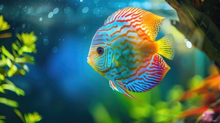 A beautiful discus fish swimming among aquatic plants.