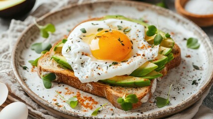 A breakfast scene with toast topped with avocado and a poached egg on a rustic plate.
