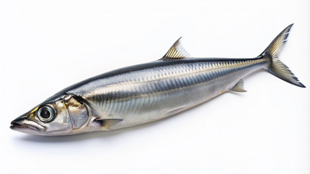 Freshly caught Pacific saury fish with sleek silver scales and pointed snout lying on its side, isolated on a clean white background with subtle shadows.