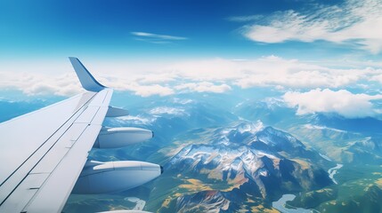 Fototapeta premium A serene view of an airplane wing soaring above the clouds with majestic mountains below.